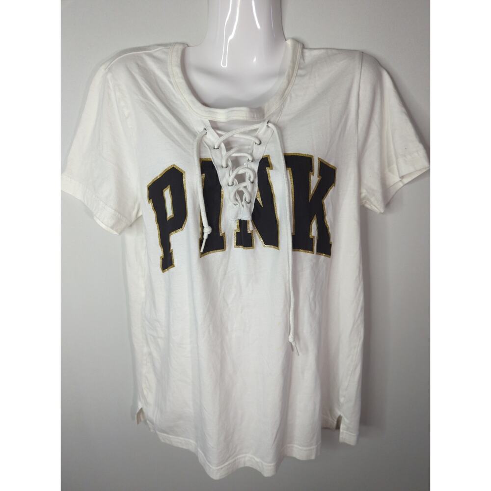 PINK Victoria's Secret White Logo Lace Up Cotton Short Sleeve Tee Size M